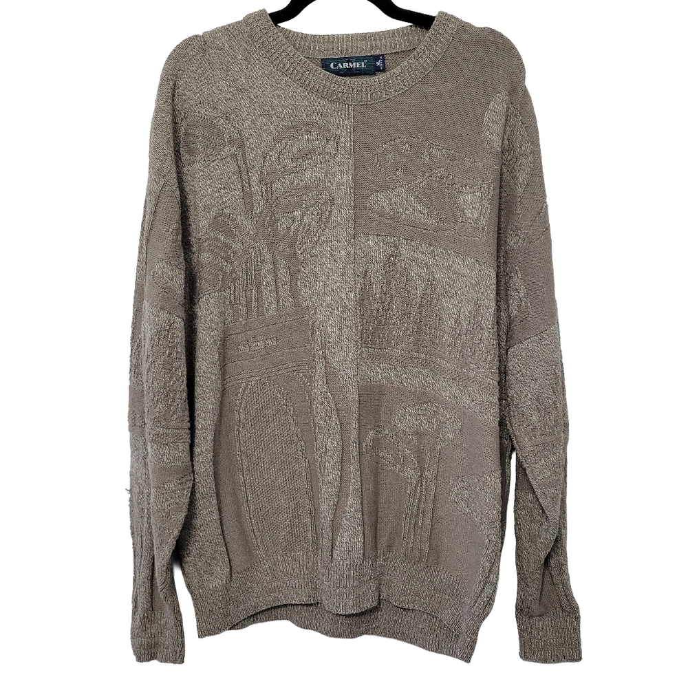 Carmel Men's Vintage Golf Sweater Size XL Grey Jacquard Clubs Irons Bag Knit